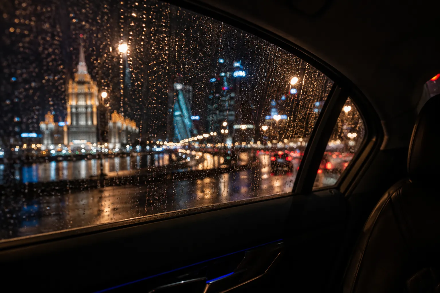Ночная Москва в дождь из окна автомобиля
